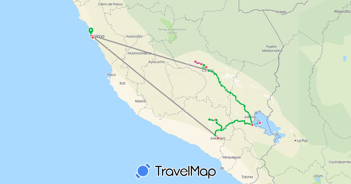 TravelMap itinerary: driving, bus, plane, train, hiking, boat in Peru (South America)