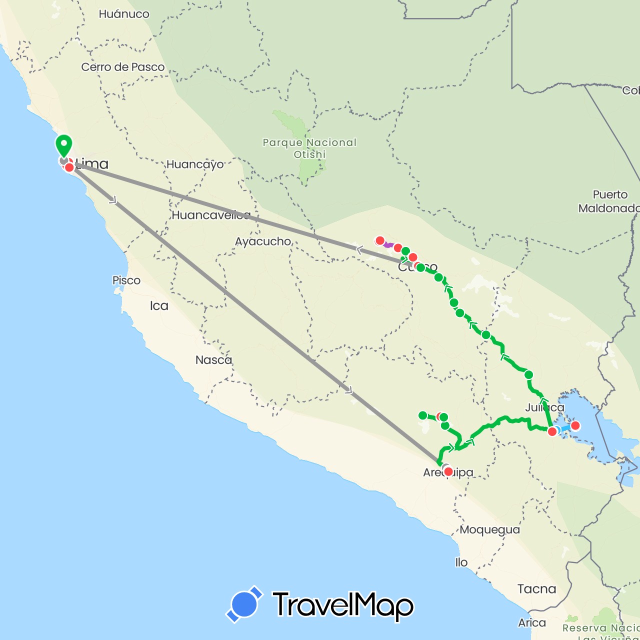 TravelMap itinerary: driving, bus, plane, train, hiking, boat in Peru (South America)
