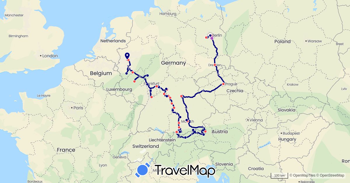 TravelMap itinerary: driving, train, hiking in Austria, Czech Republic, Germany (Europe)