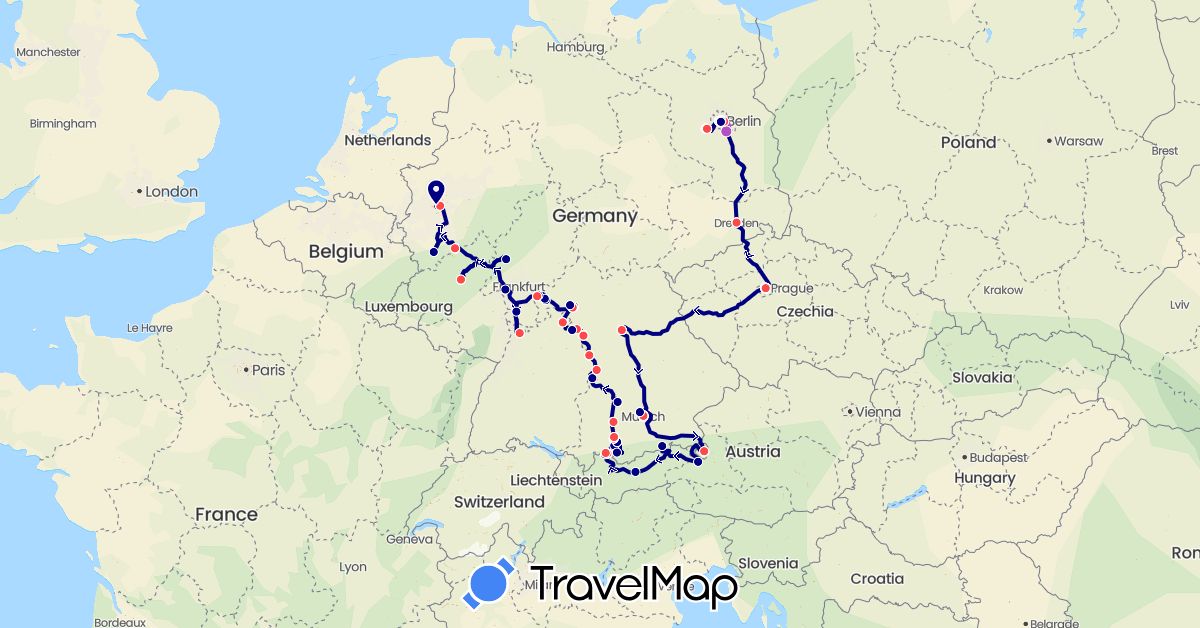 TravelMap itinerary: driving, train, hiking in Austria, Czech Republic, Germany (Europe)