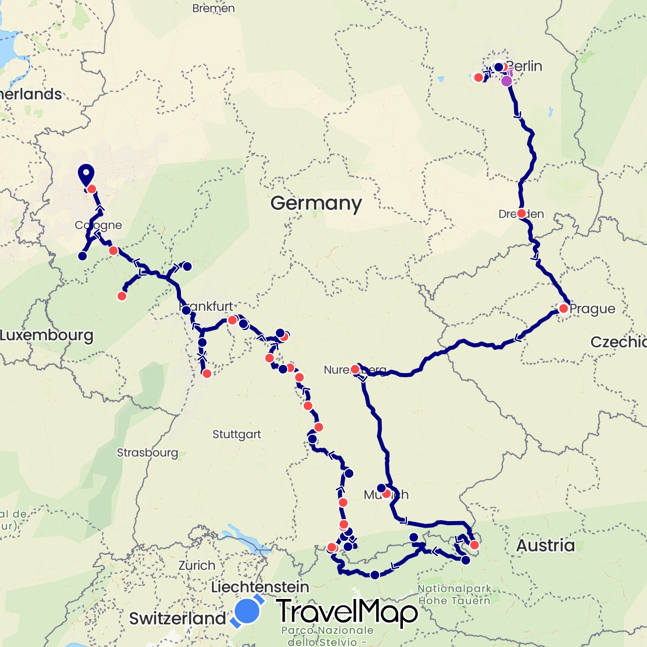 TravelMap itinerary: driving, train, hiking in Austria, Czech Republic, Germany (Europe)