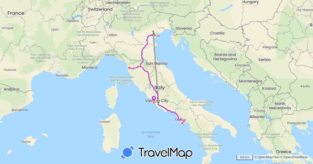 TravelMap itinerary: driving, bus, plane, train, hiking, boat in Italy, Vatican City (Europe)