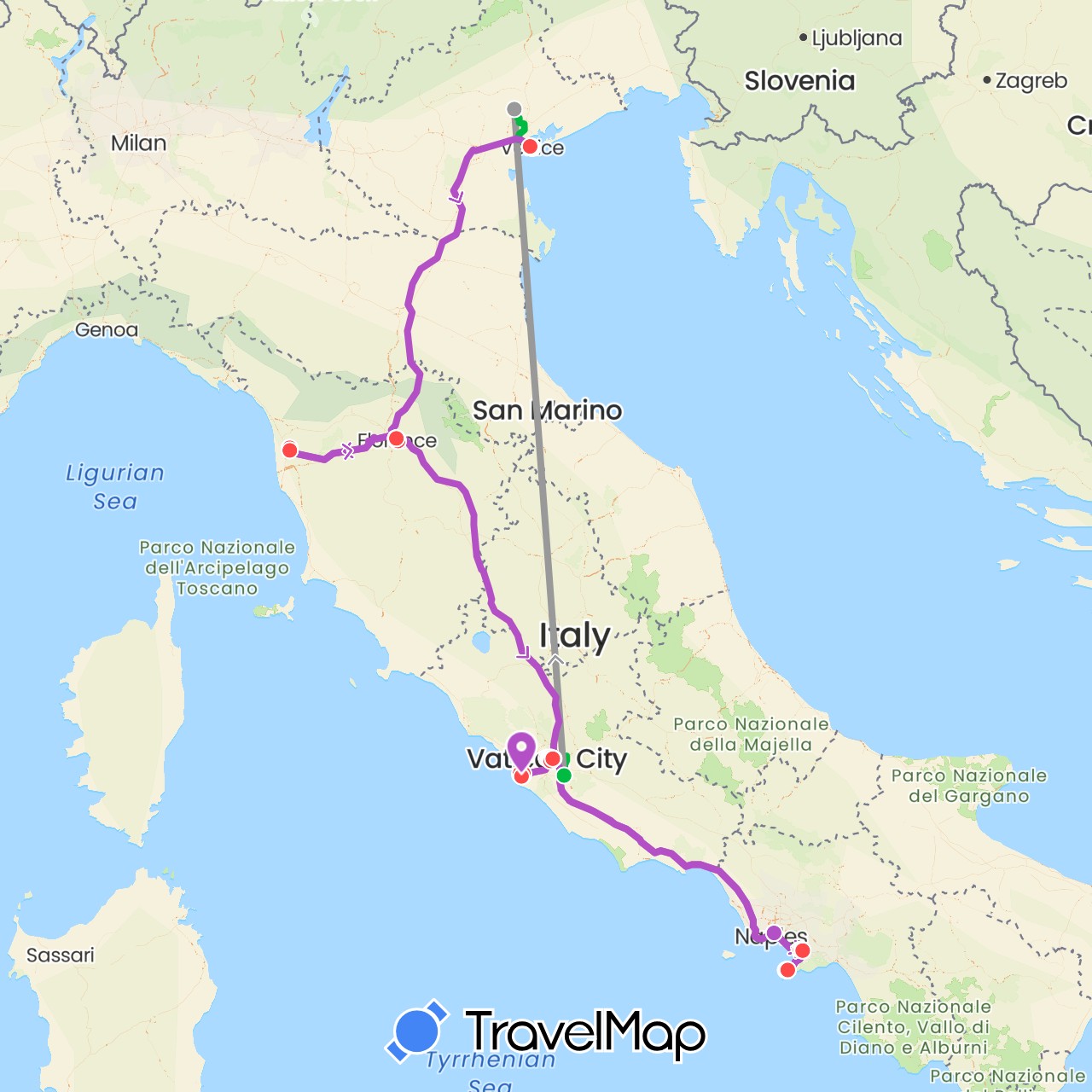 TravelMap itinerary: driving, bus, plane, train, hiking, boat in Italy, Vatican City (Europe)