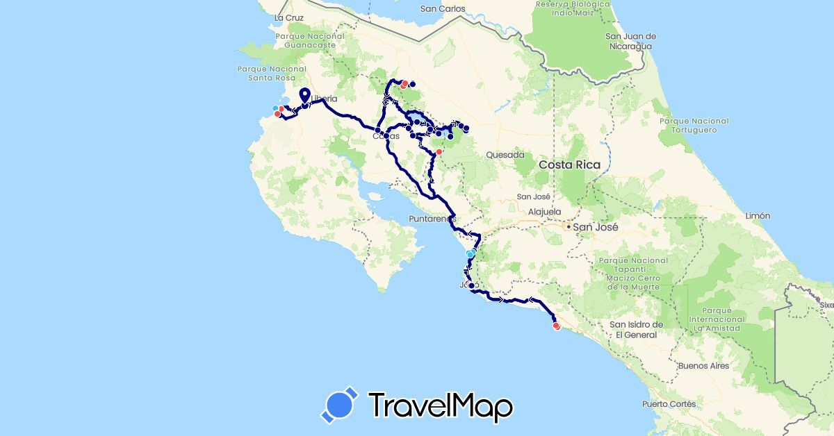 TravelMap itinerary: driving, hiking, boat in Costa Rica (North America)