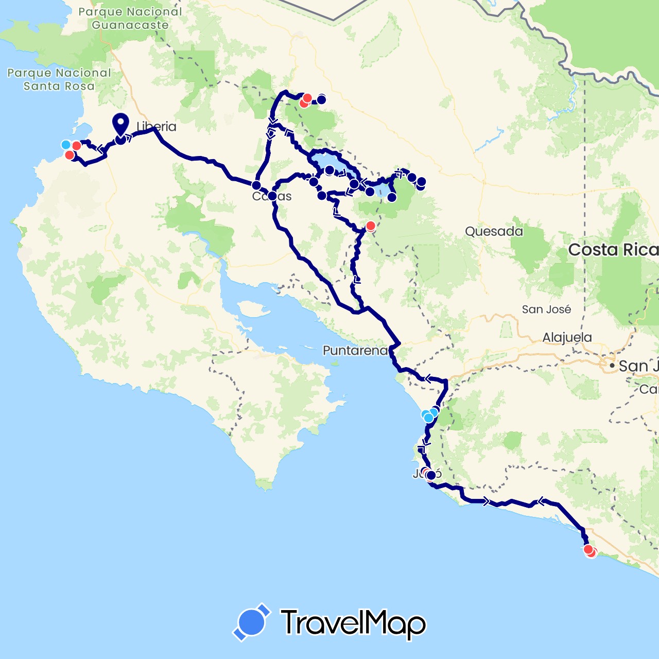 TravelMap itinerary: driving, hiking, boat in Costa Rica (North America)