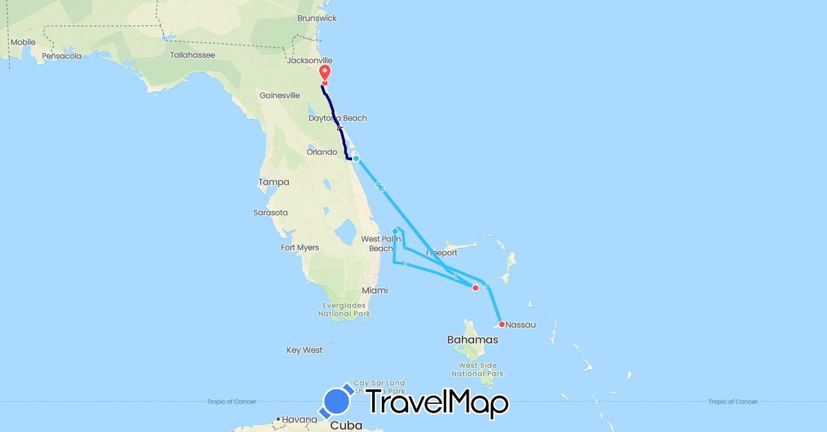 TravelMap itinerary: driving, hiking, boat, diving in Bahamas, United States (North America)