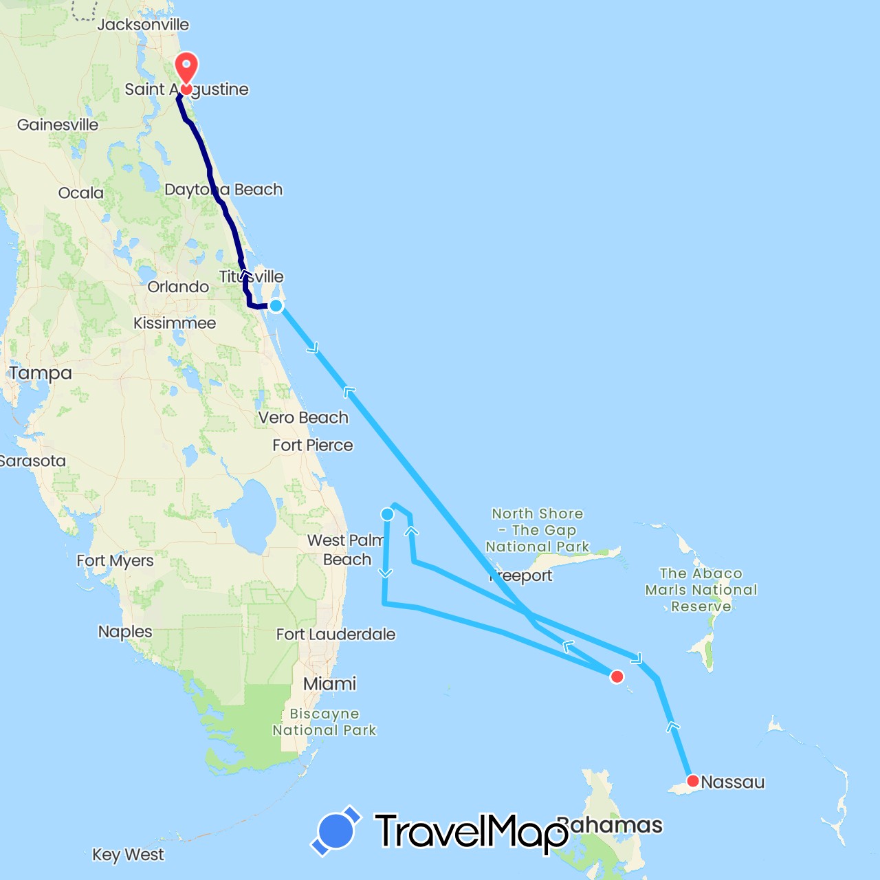 TravelMap itinerary: driving, hiking, boat, diving in Bahamas, United States (North America)