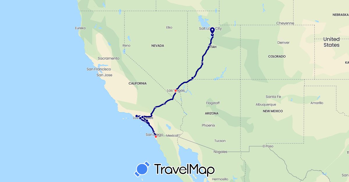 TravelMap itinerary: driving, hiking in Mexico, United States (North America)