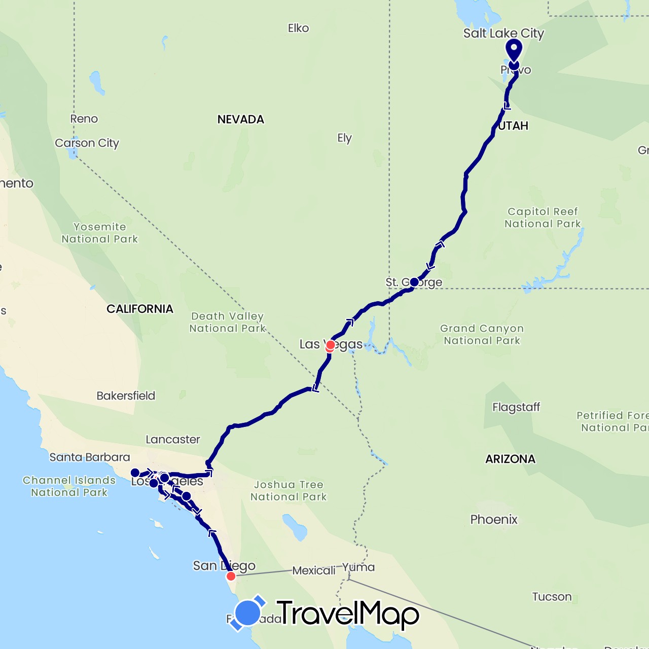 TravelMap itinerary: driving, hiking in Mexico, United States (North America)