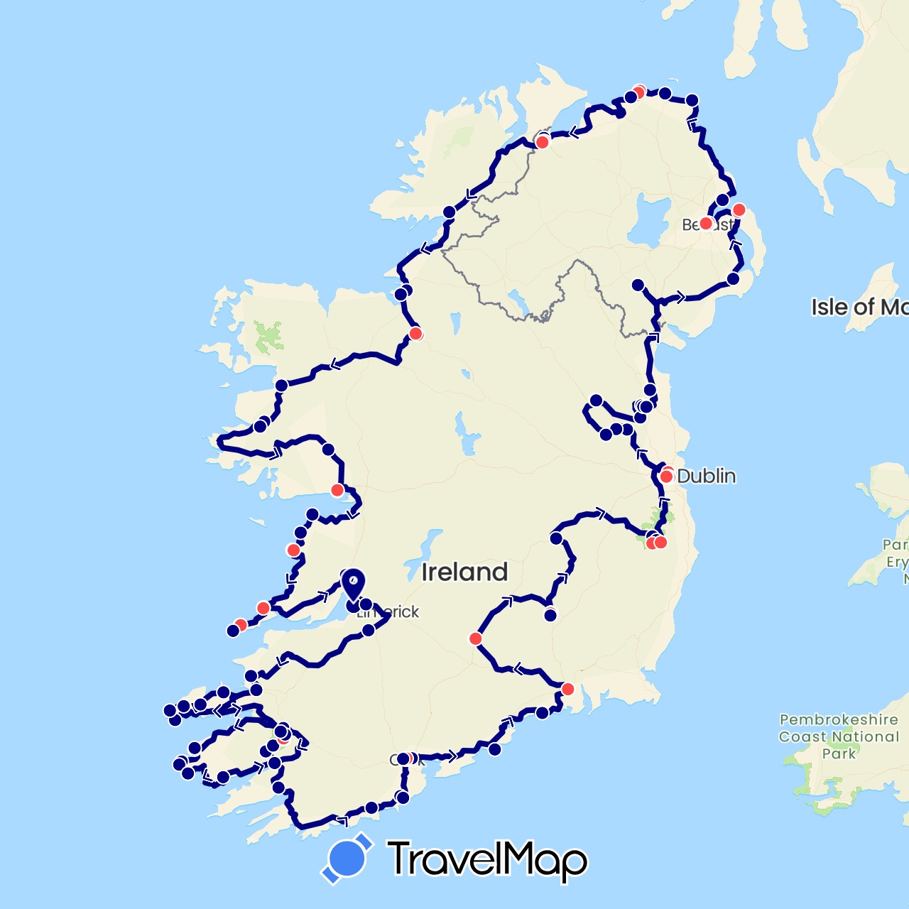 TravelMap itinerary: driving, hiking in United Kingdom, Ireland (Europe)