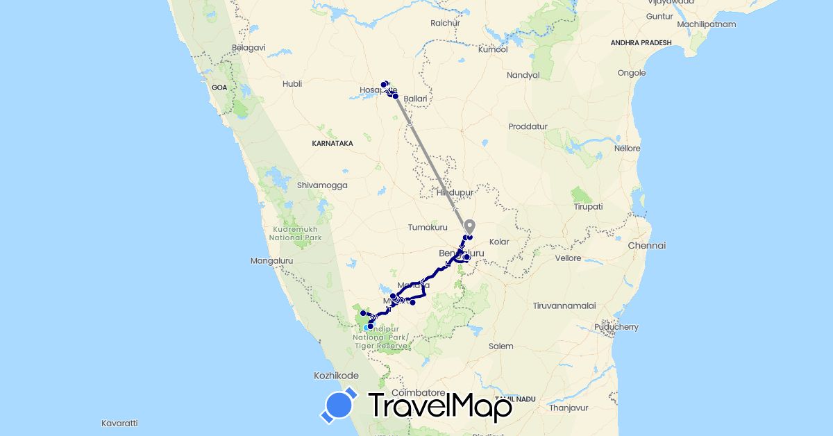 TravelMap itinerary: driving, plane, hiking, boat in India (Asia)