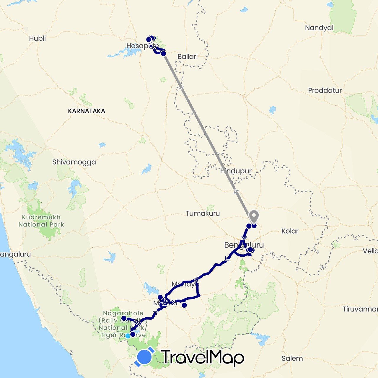 TravelMap itinerary: driving, plane, hiking, boat in India (Asia)